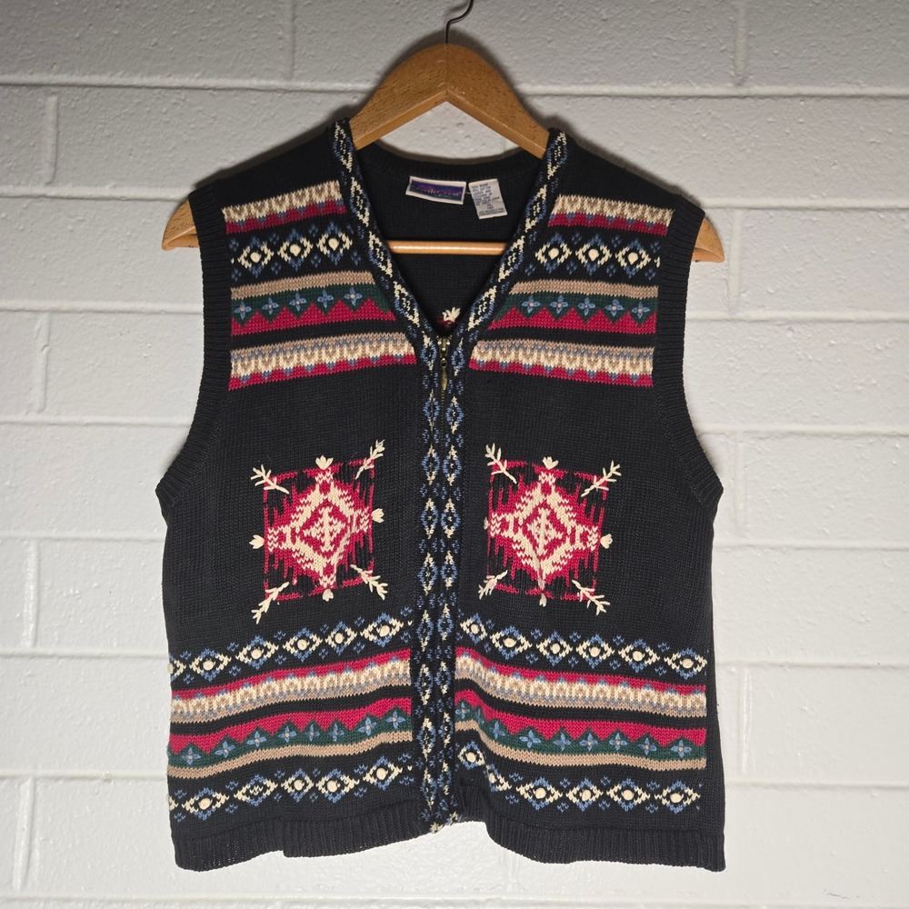 Vtg North Crest Sweater Vest XL Black Southwestern Fair Isle Zip Up Knit Winter